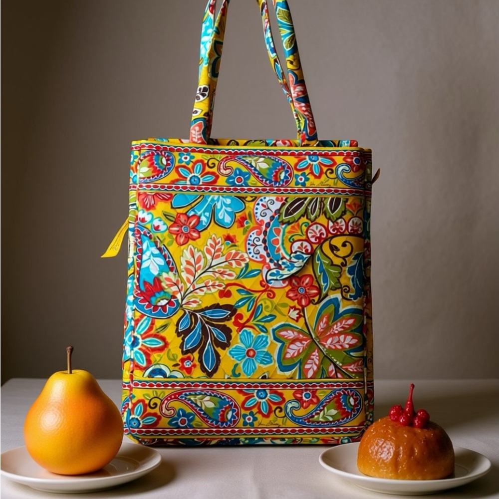 Vera Bradley Yellow Floral Paisley Vertical Tote Laptop Bag